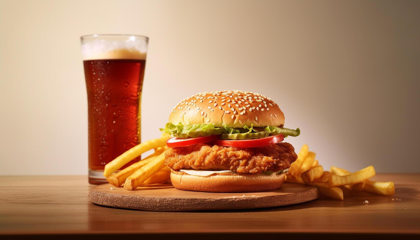 ai generado frescura en un de madera mesa A la parrilla hamburguesa, papas fritas, y bebida generado por ai foto