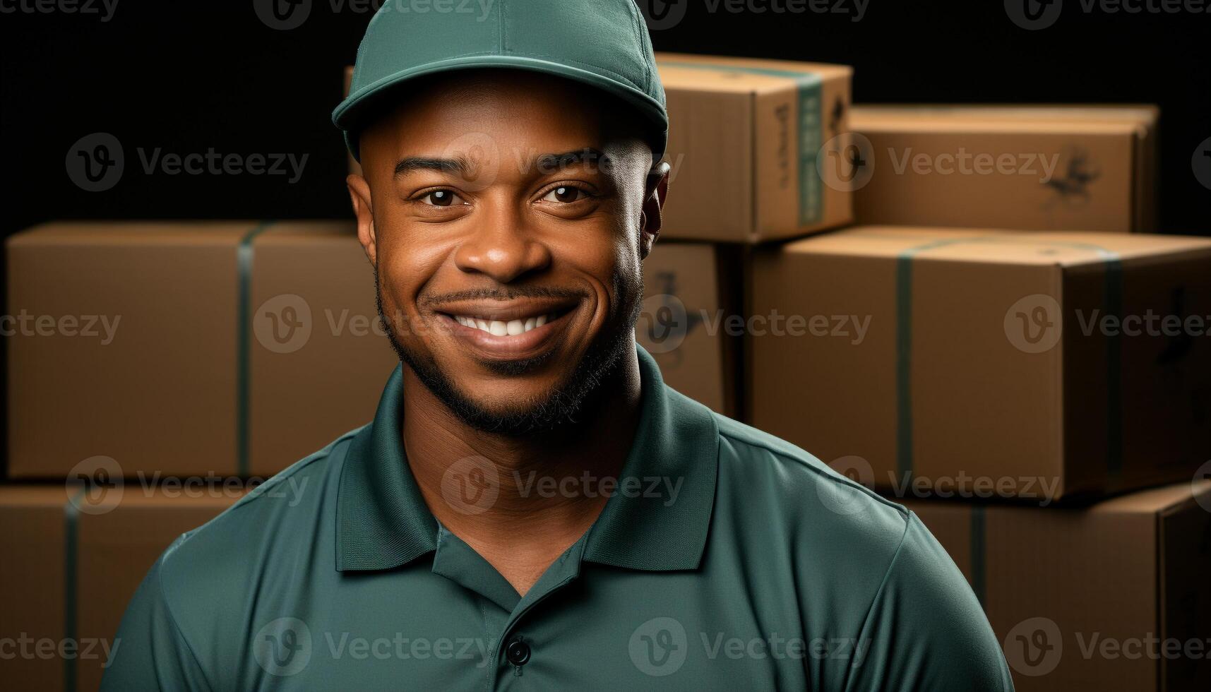 AI generated Smiling delivery man confidently delivering packages in warehouse generated by AI photo