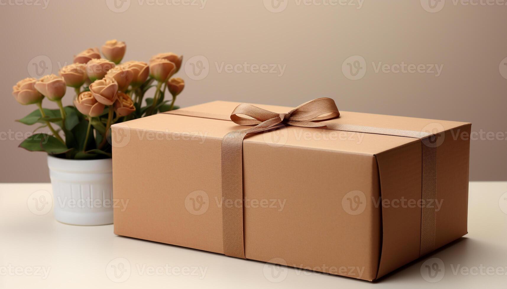 AI generated Birthday gift box with wrapped flower, love card, and decoration generated by AI photo