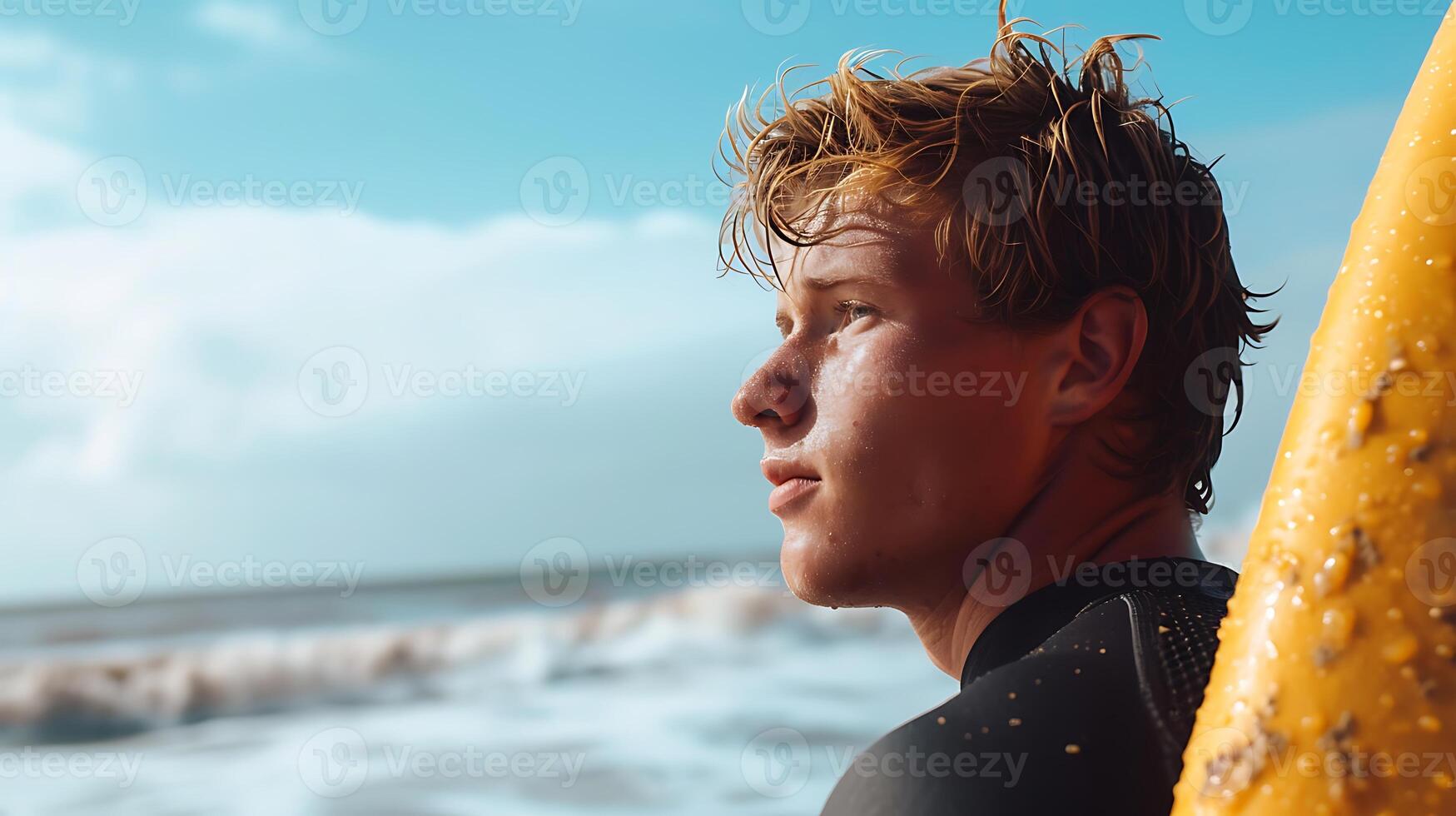 AI generated Young Man Holding Surfboard on Beach. Generative AI. photo