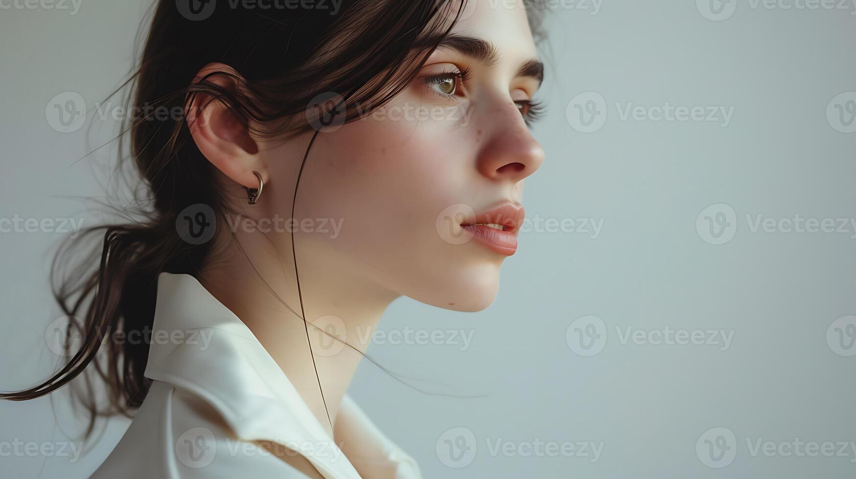 AI generated Woman in White Shirt Gazing Into the Distance. Generative AI. photo