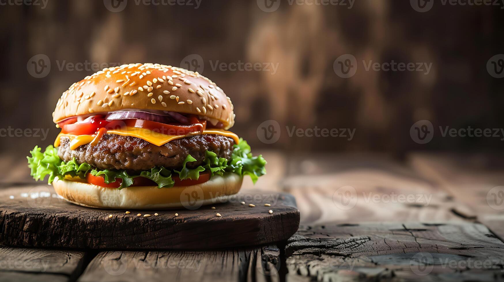 AI generated Delicious Hamburger With Cheese, Lettuce, Tomato, and Onion. Generative AI. photo