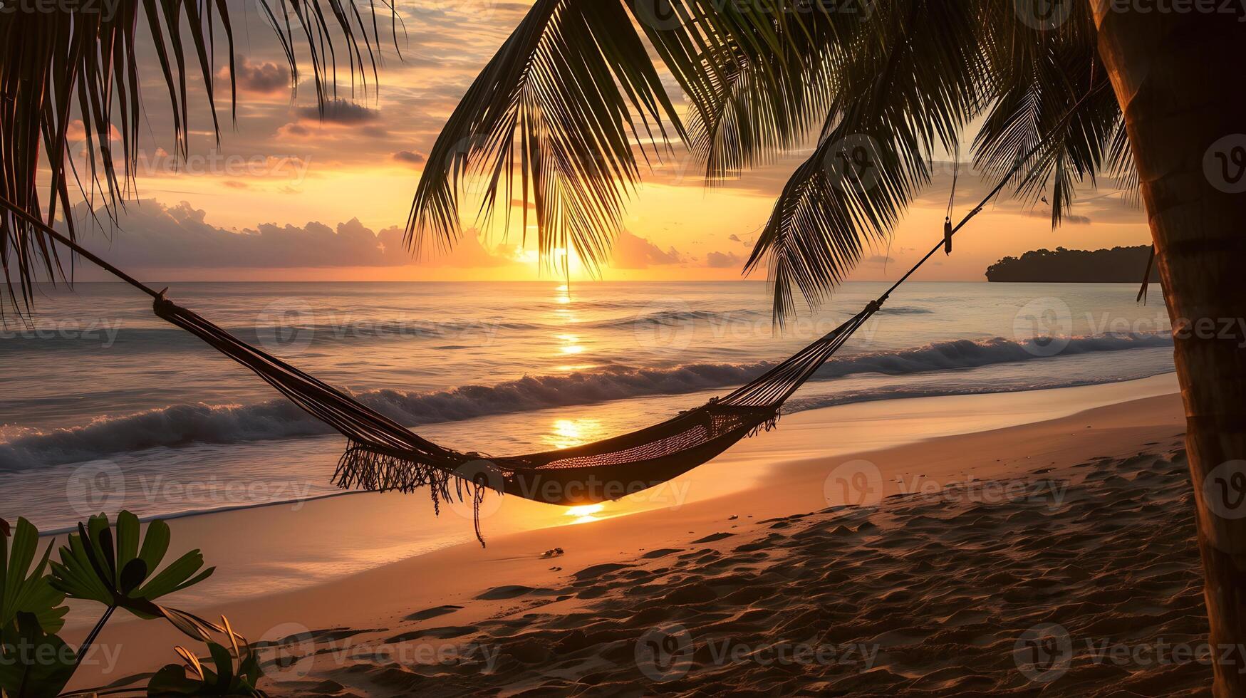 AI generated Hammock Hanging From Palm Tree on Beach. Generative AI. photo