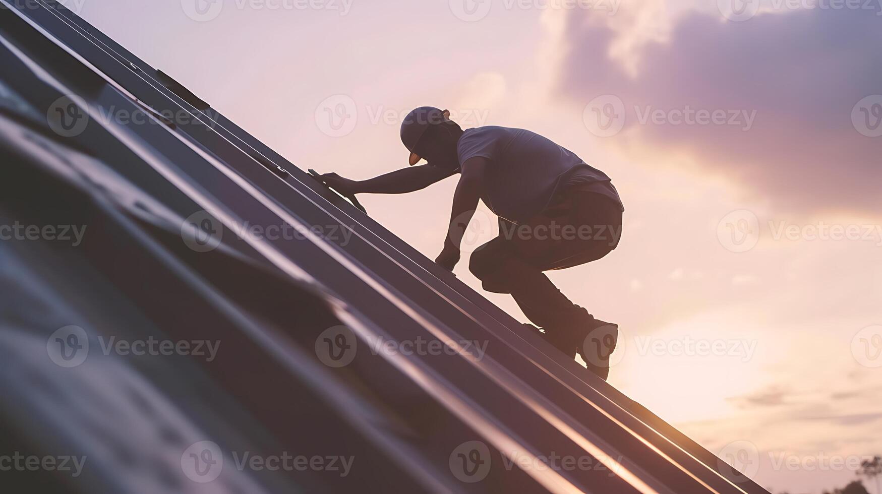 AI generated Professional Roofer Climbing Building to Install Metal Roof. Generative AI. photo