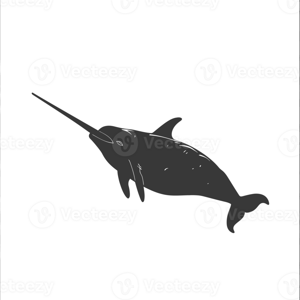 AI generated Silhouette narwhal animal black color only full body png
