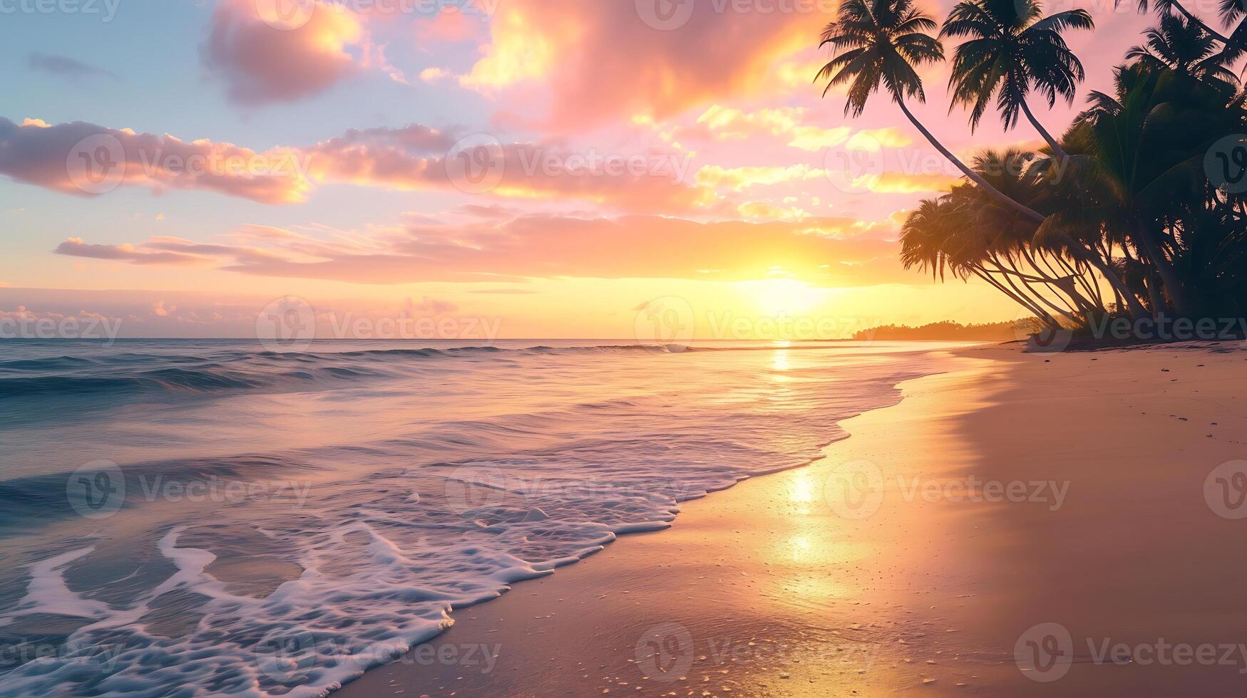 AI generated Sunset on Beach With Palm Trees. Generative AI. photo