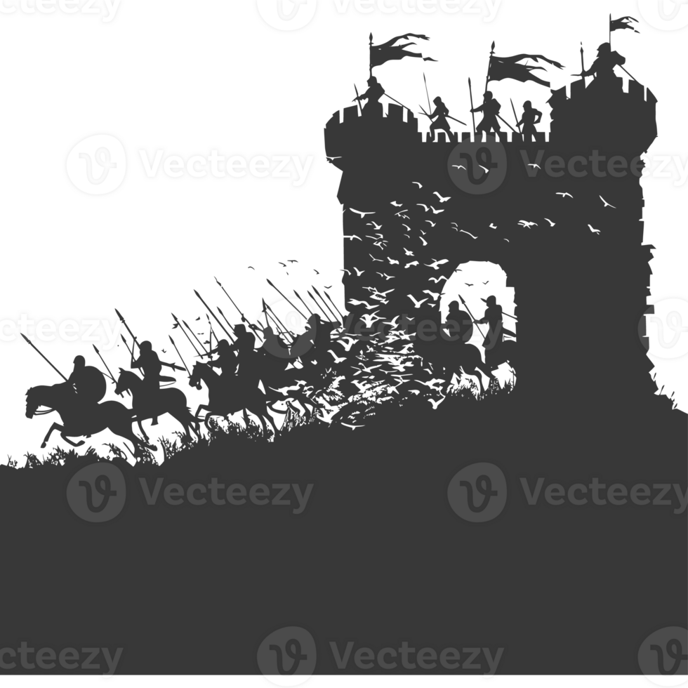 AI generated silhouette of a ancient war situation black color only png