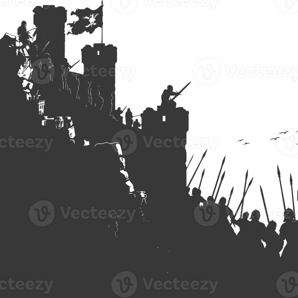 AI generated silhouette of a ancient war situation black color only png