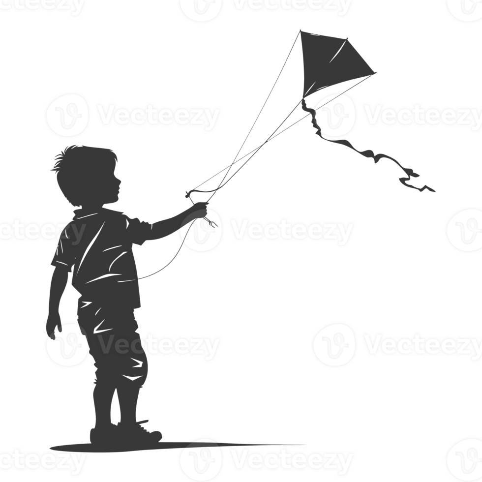 AI generated Silhouette little boy playing kite black color only png