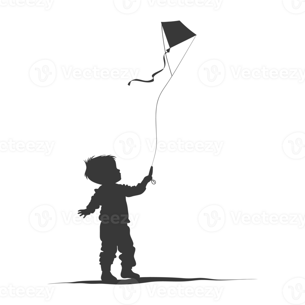 AI generated Silhouette little boy playing kite black color only png