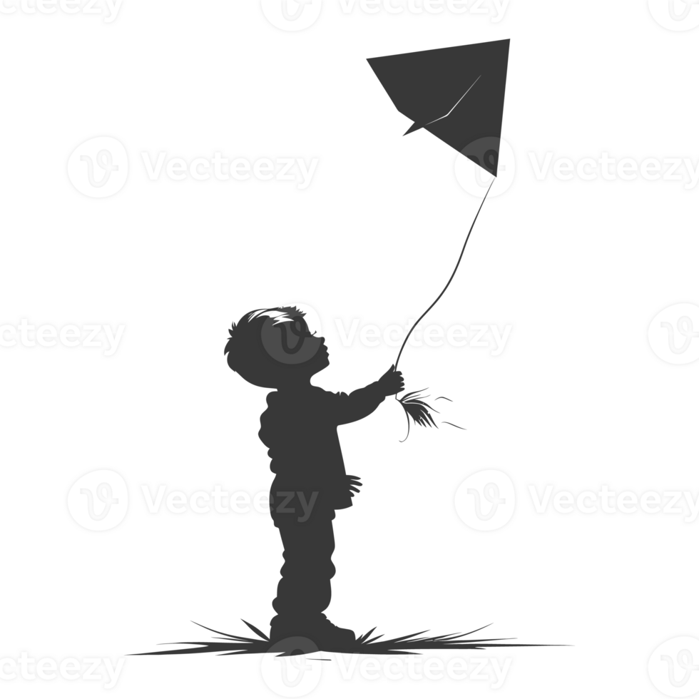 AI generated Silhouette little boy playing kite black color only png