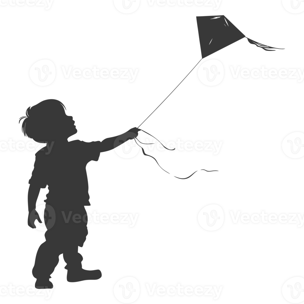 AI generated Silhouette little boy playing kite black color only png