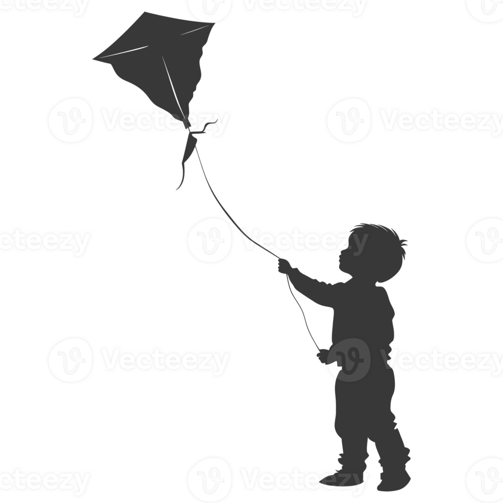 AI generated Silhouette little boy playing kite black color only png