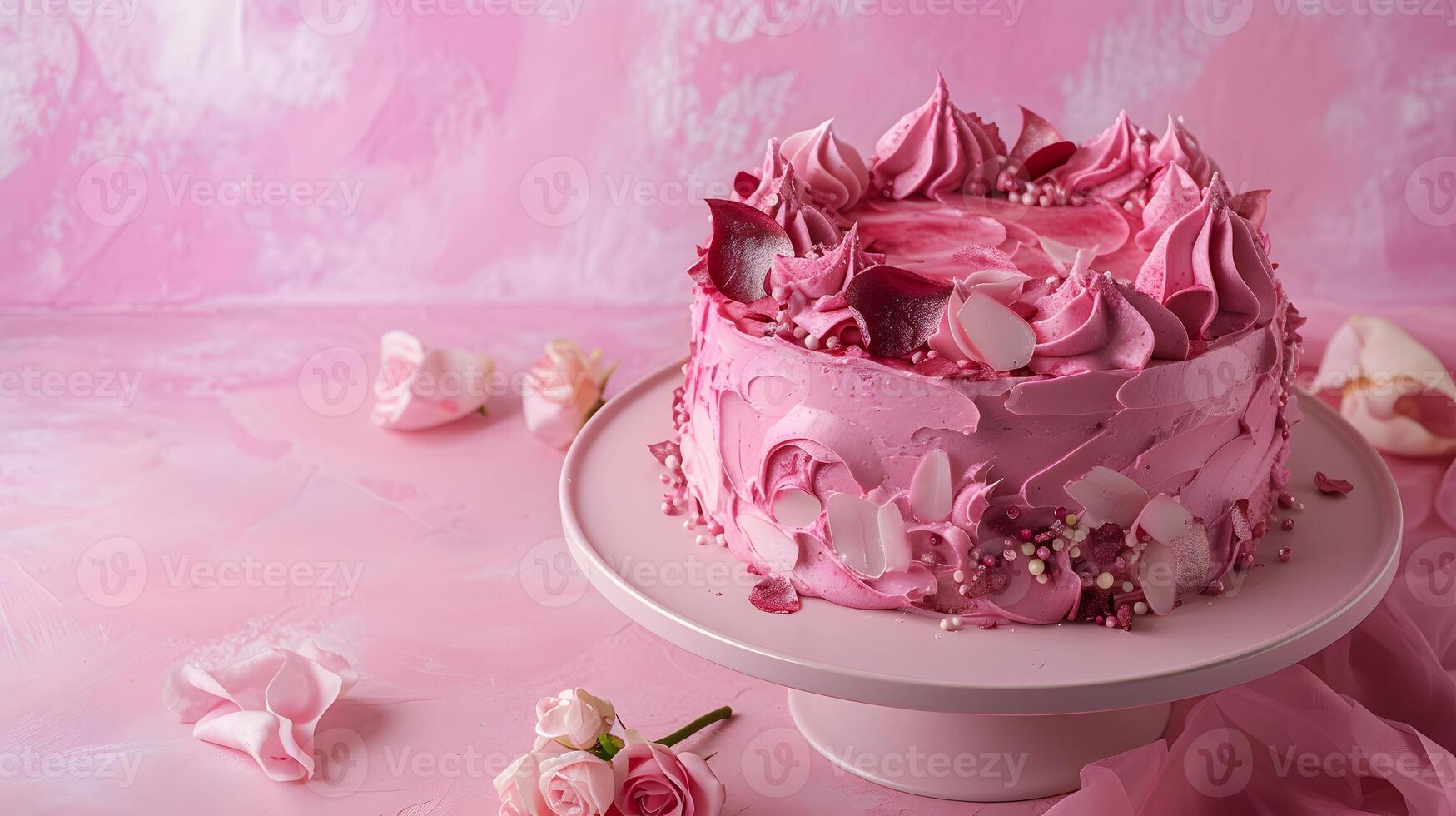 AI generated Pink Cake on White Cake Plate. Generative AI photo