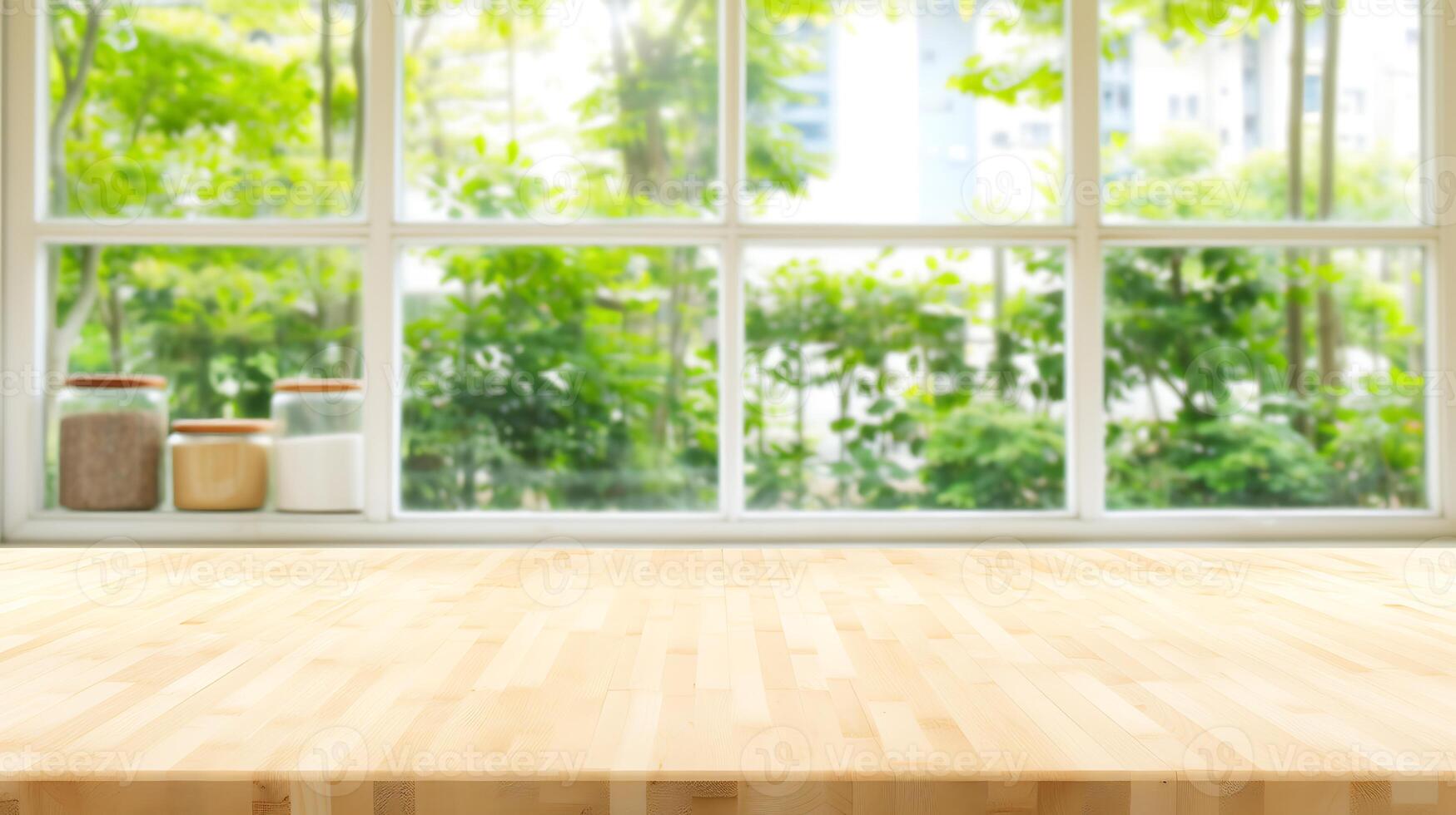 ai generado vacío de madera mesa en frente de ventana. generativo ai. foto