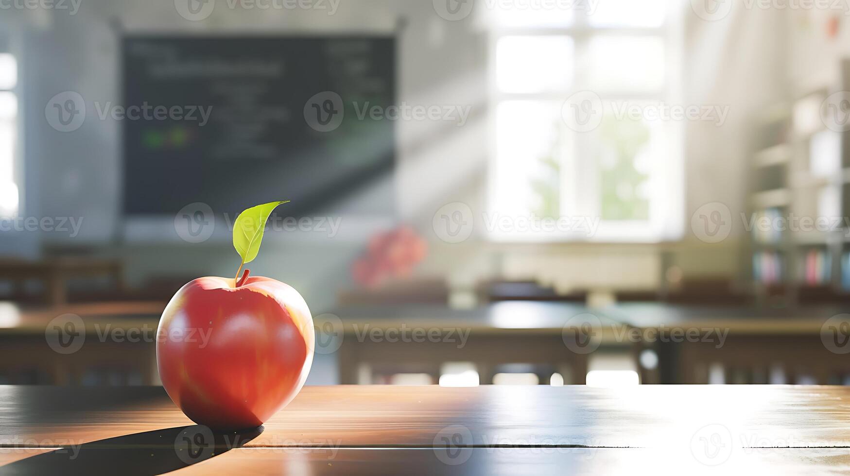 AI generated Red Apple on Wooden Table. Generative AI. photo