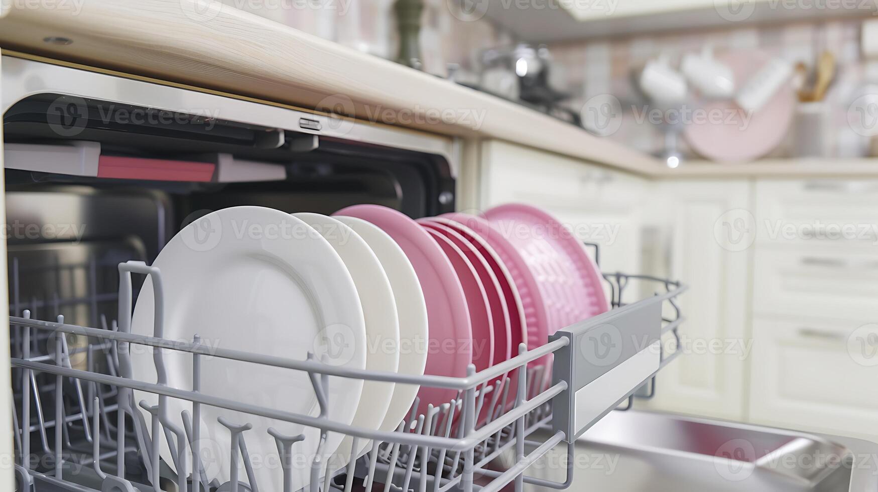 ai generado lleno lavavajillas con limpiar platos en cocina. generativo ai. foto