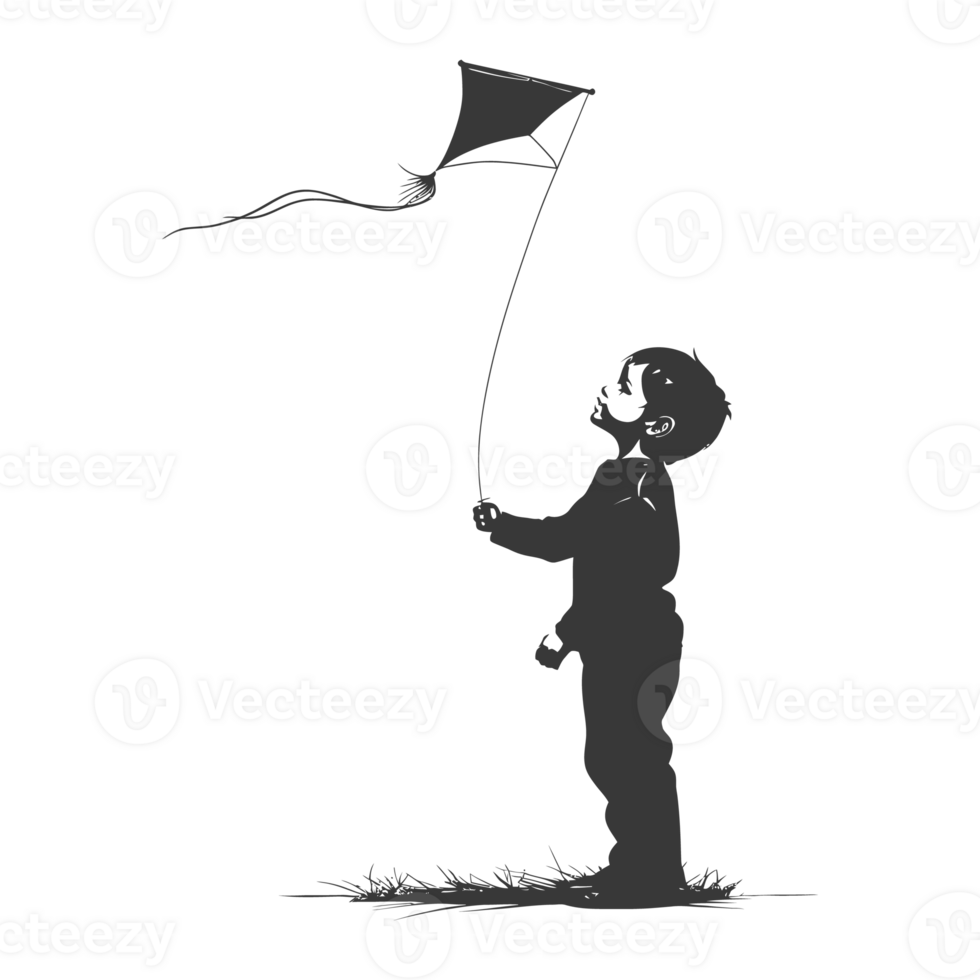 AI generated Silhouette little boy playing kite black color only png
