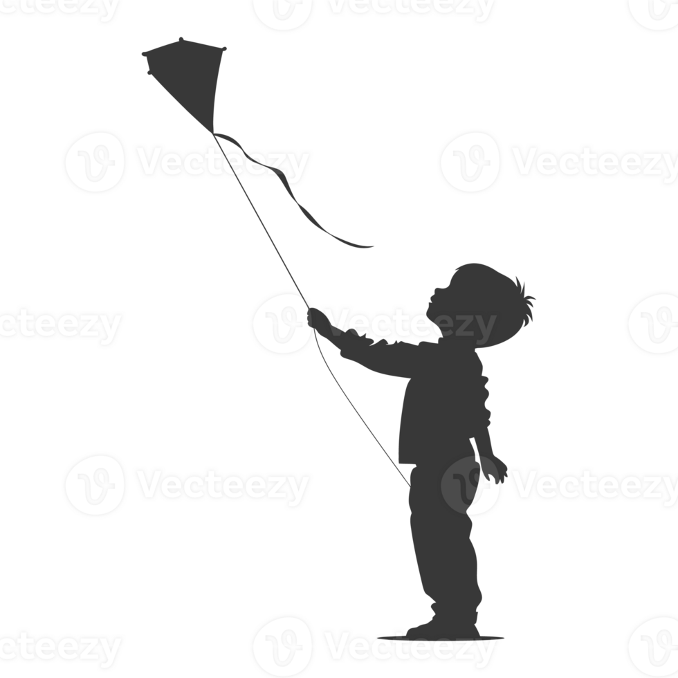 AI generated Silhouette little boy playing kite black color only png