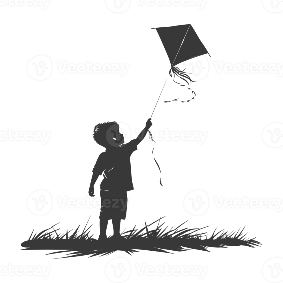 AI generated Silhouette little boy playing kite black color only png