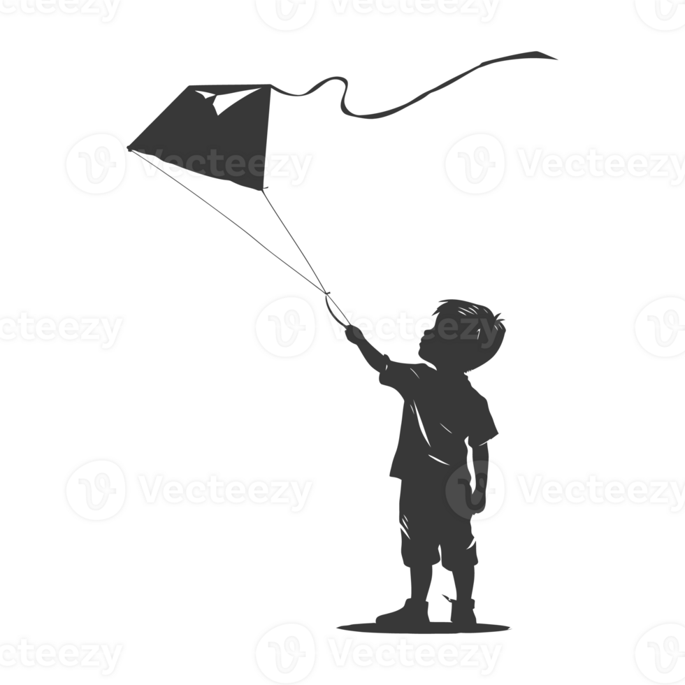 AI generated Silhouette little boy playing kite black color only png