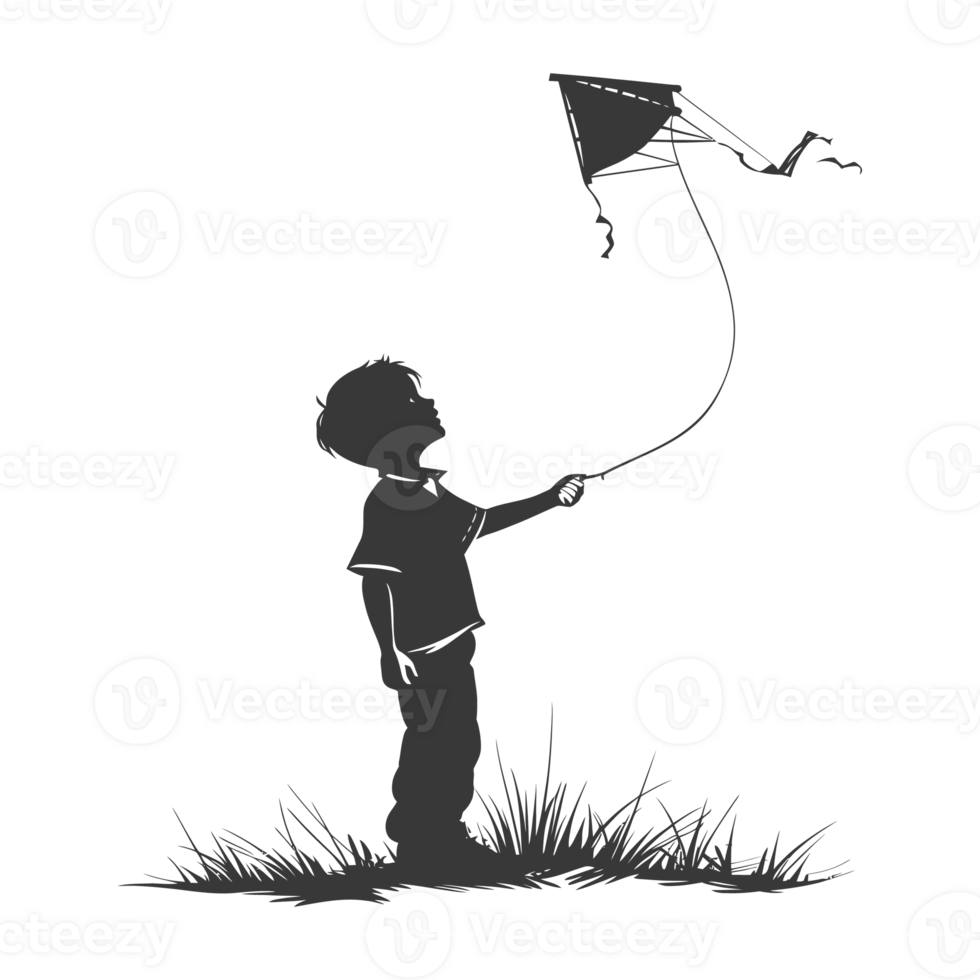 AI generated Silhouette little boy playing kite black color only png