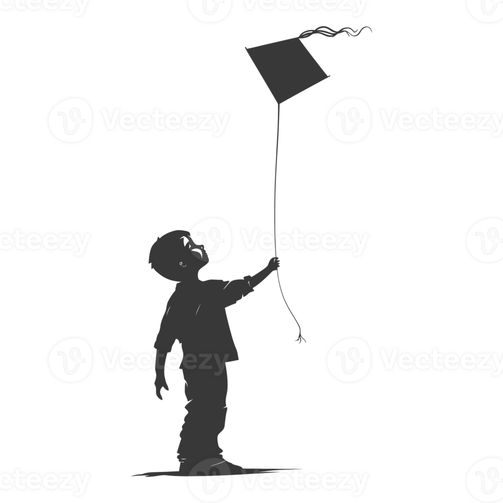 AI generated Silhouette little boy playing kite black color only png