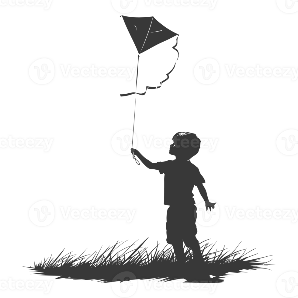 AI generated Silhouette little boy playing kite black color only png