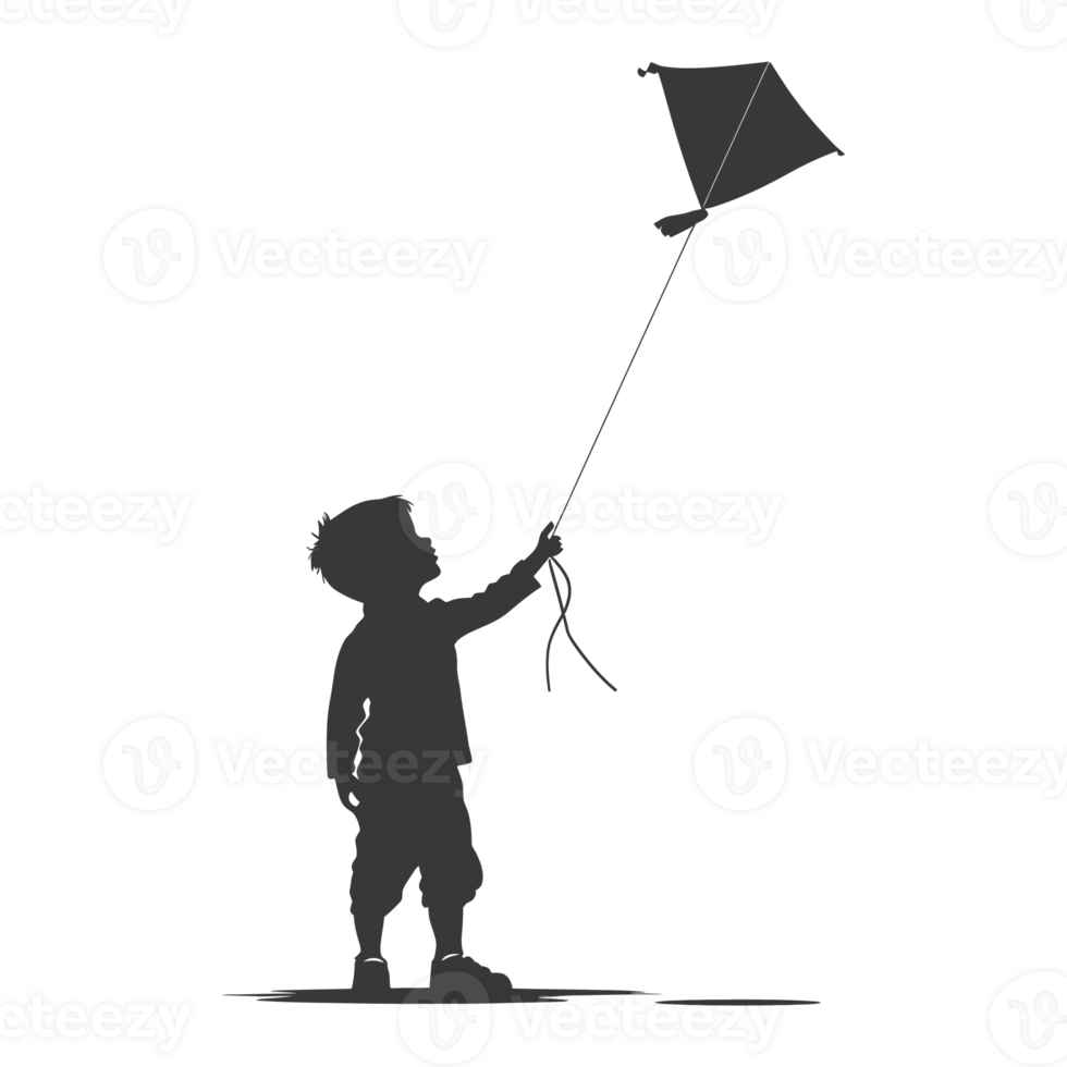 AI generated Silhouette little boy playing kite black color only png