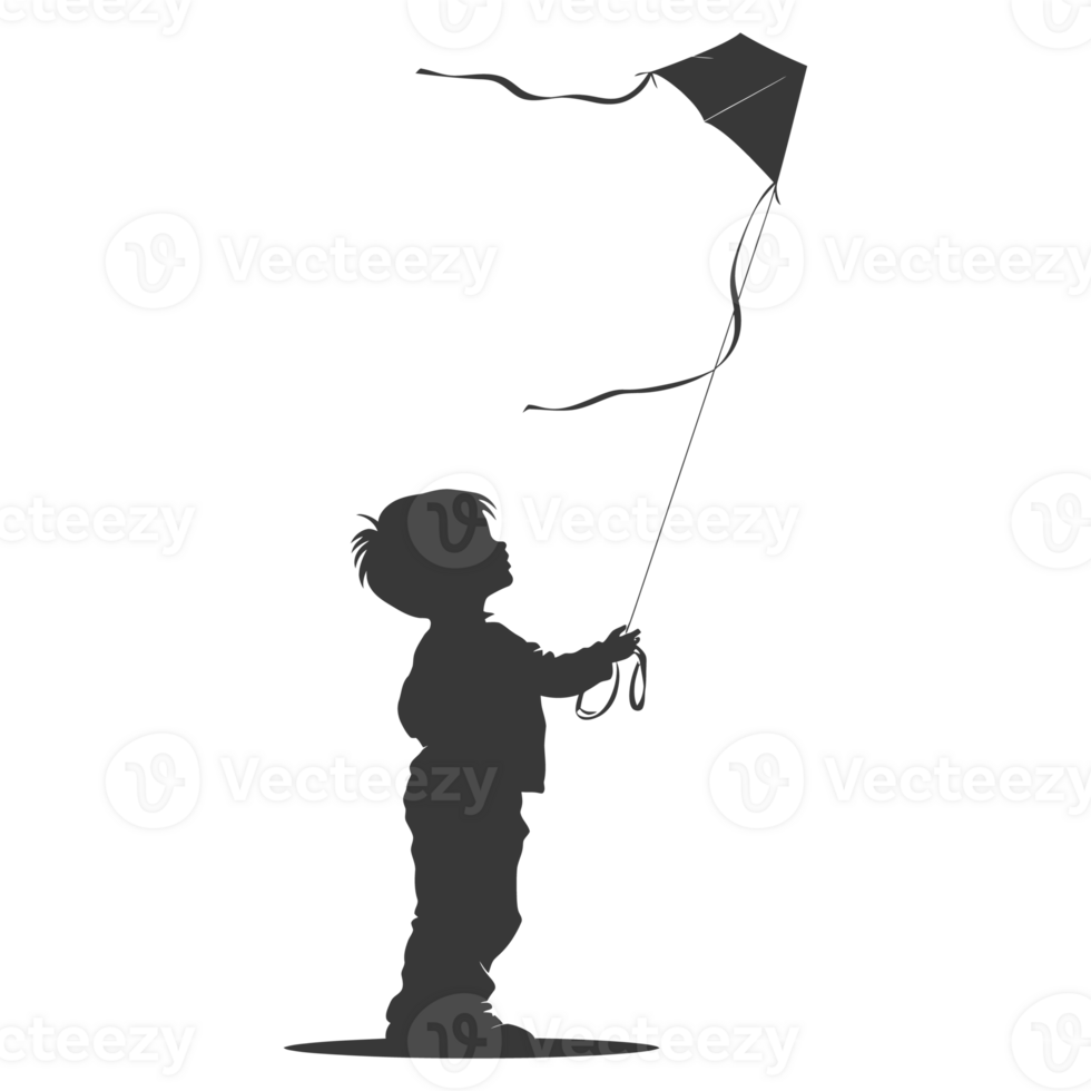 AI generated Silhouette little boy playing kite black color only png