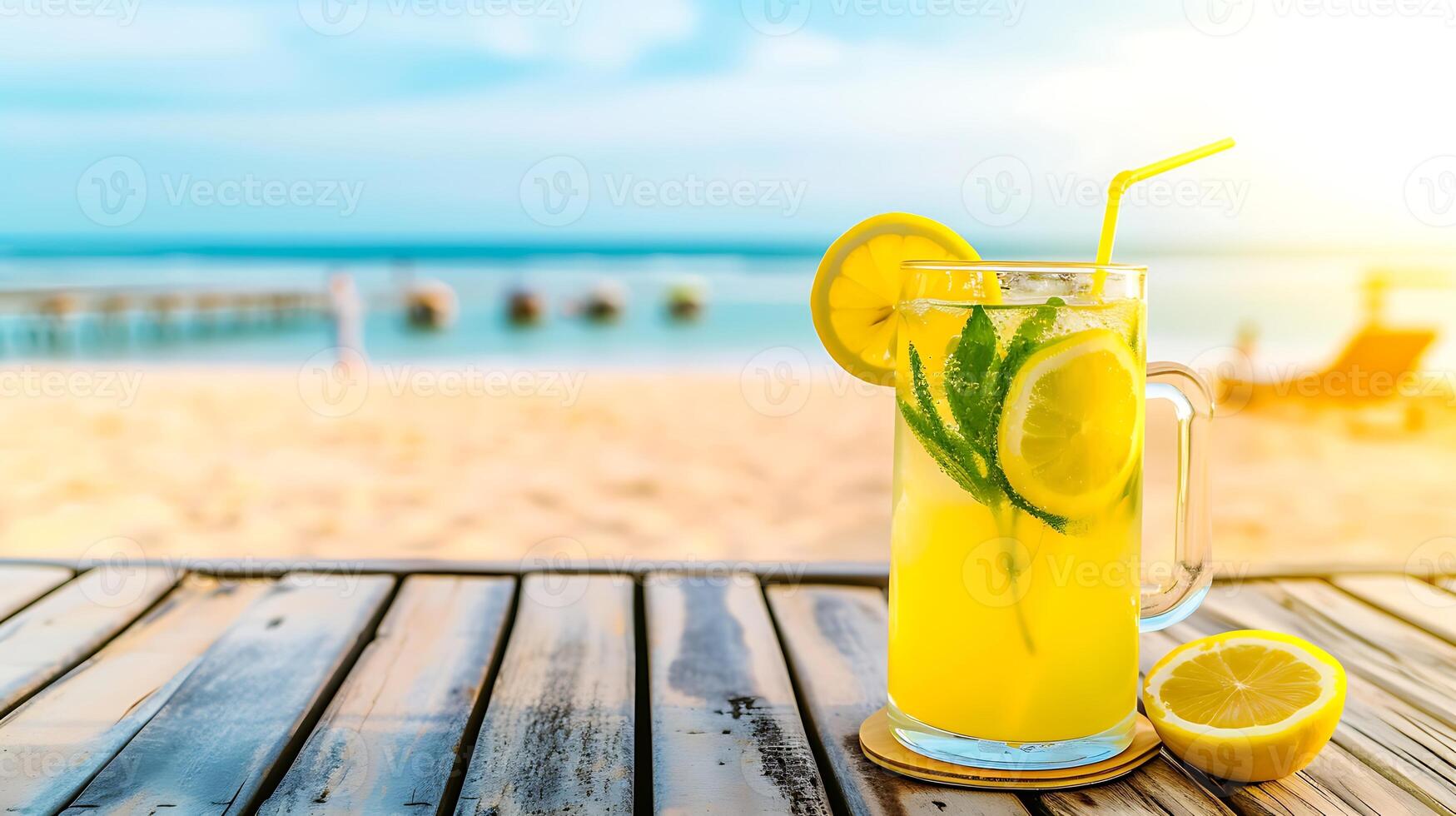 AI generated Refreshing Lemonade on Wooden Table. Generative AI. photo