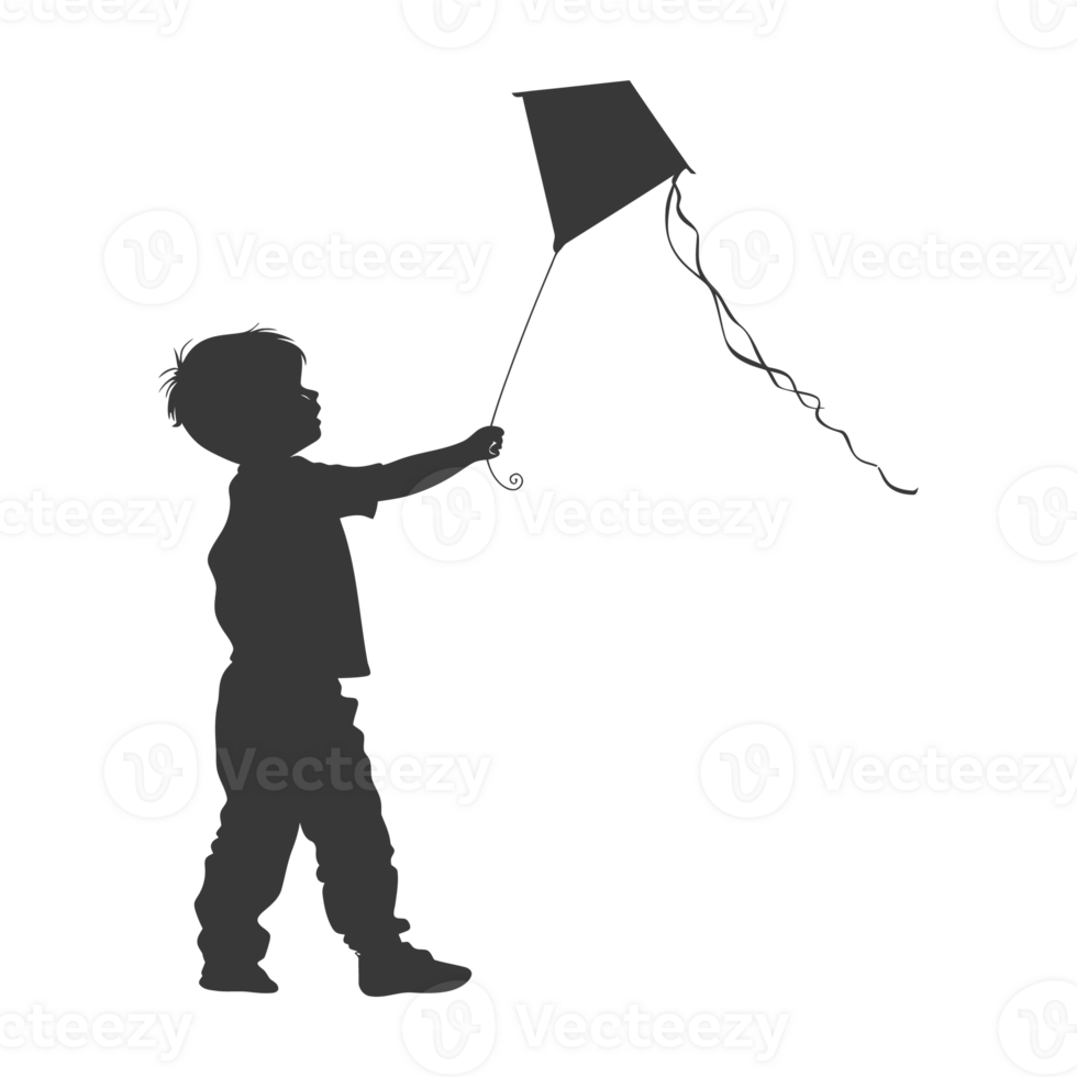 AI generated Silhouette little boy playing kite black color only png
