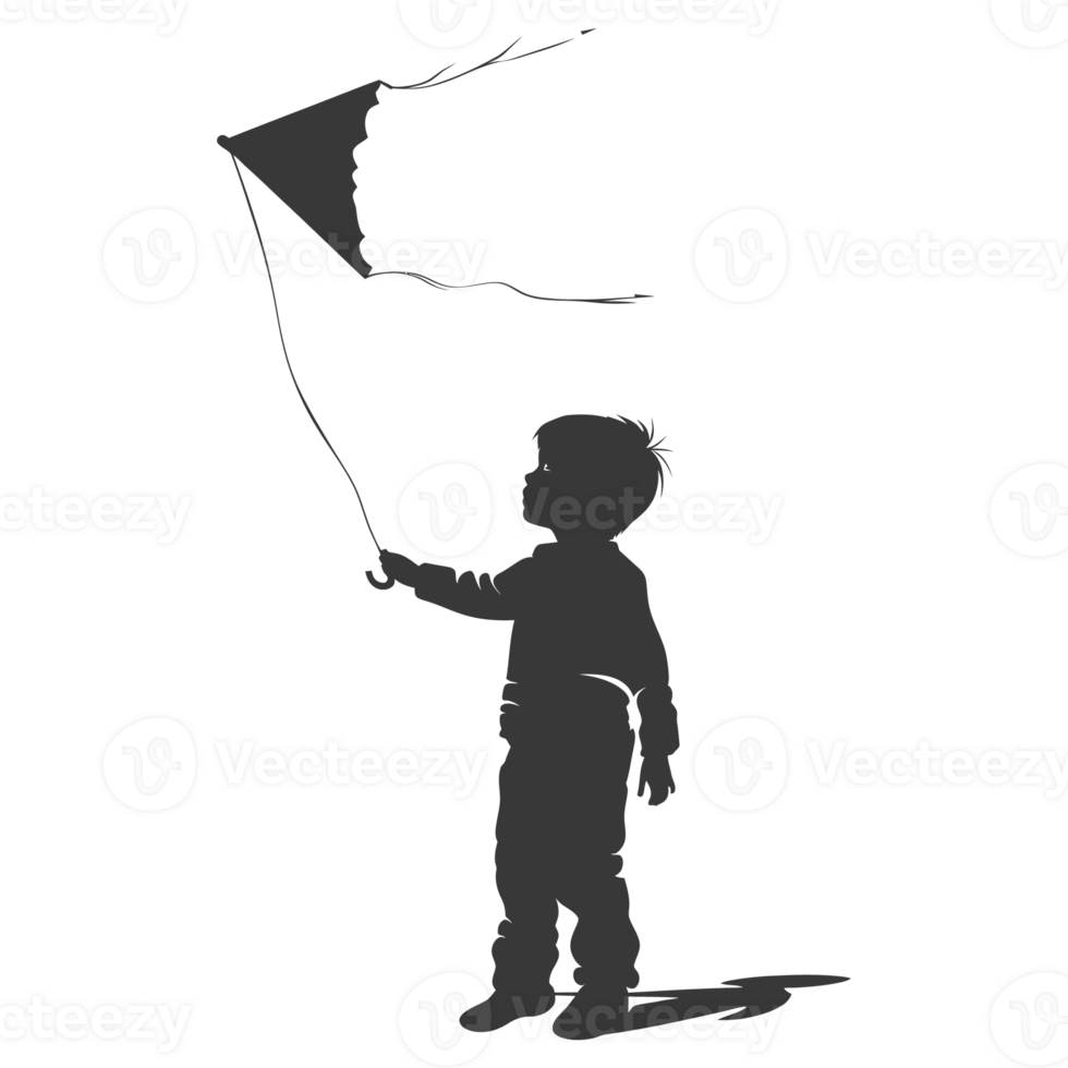 AI generated Silhouette little boy playing kite black color only png