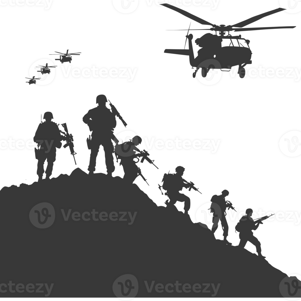 AI generated silhouette of a modern war situation black color only png