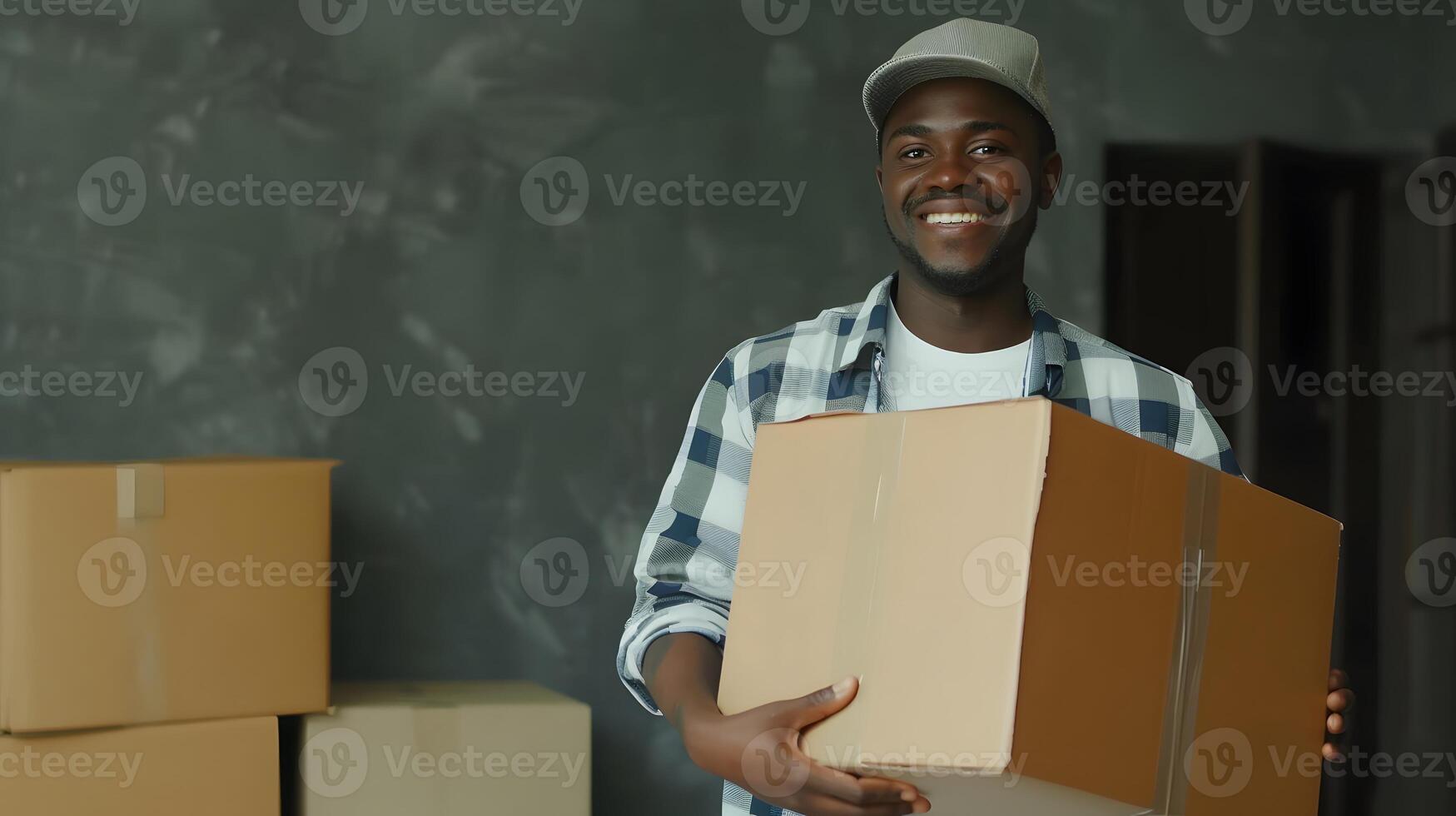 AI generated Man Smiling, Holding Two Boxes. Generative AI photo