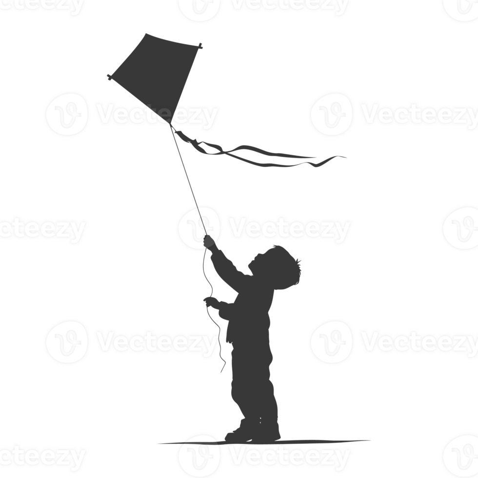 AI generated Silhouette little boy playing kite black color only png