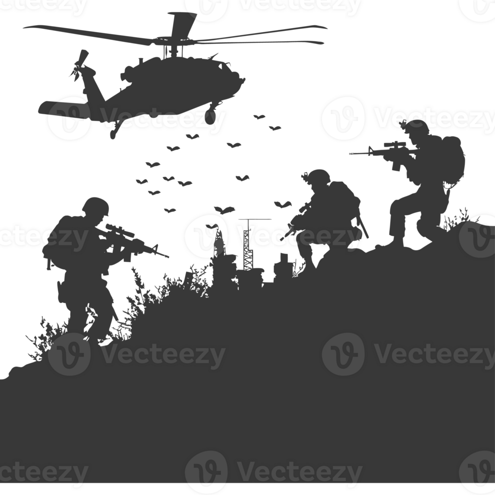 AI generated silhouette of a modern war situation black color only png
