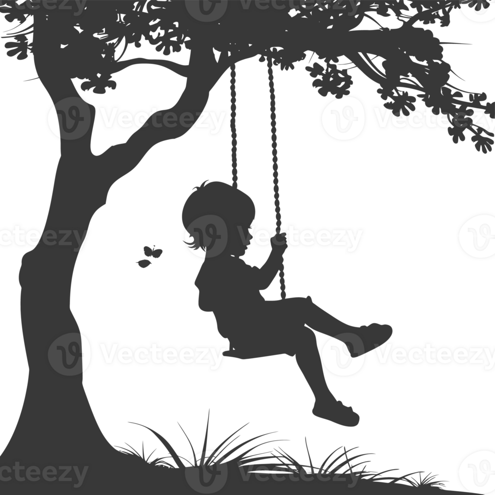 AI generated Silhouette little boy playing swing in the playground black color only png