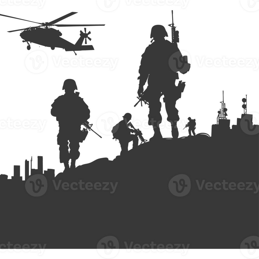 AI generated silhouette of a modern war situation black color only png