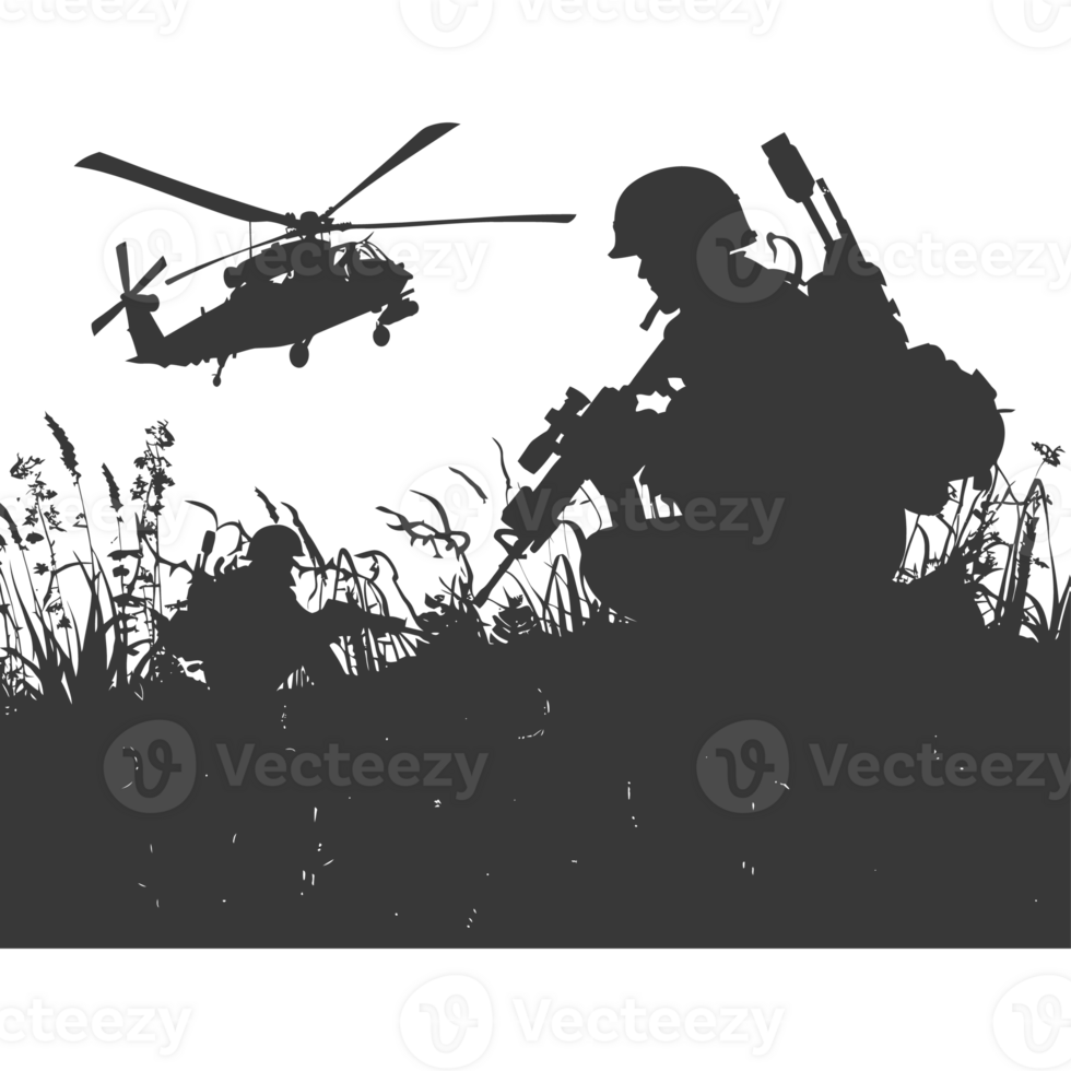 AI generated silhouette of a modern war situation black color only png