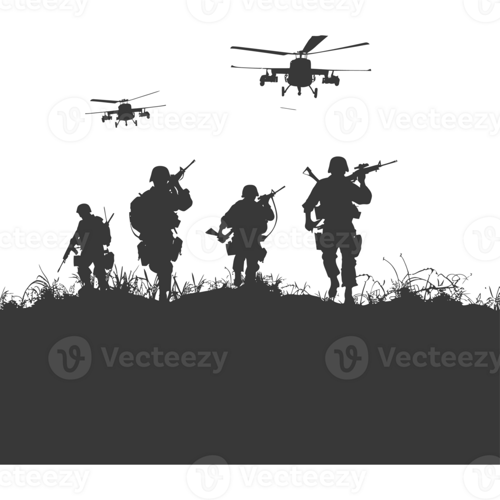 AI generated silhouette of a modern war situation black color only png