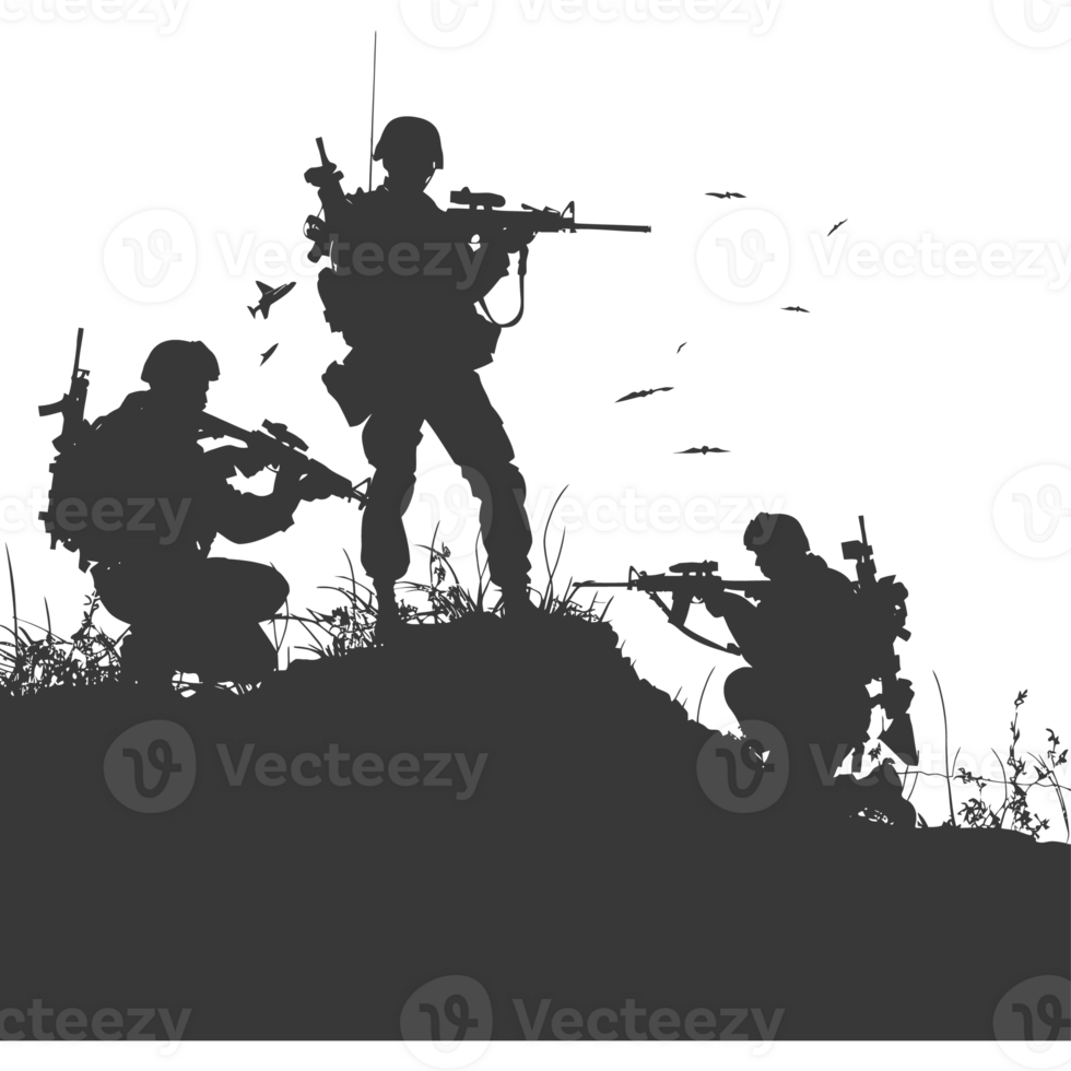 AI generated silhouette of a modern war situation black color only png