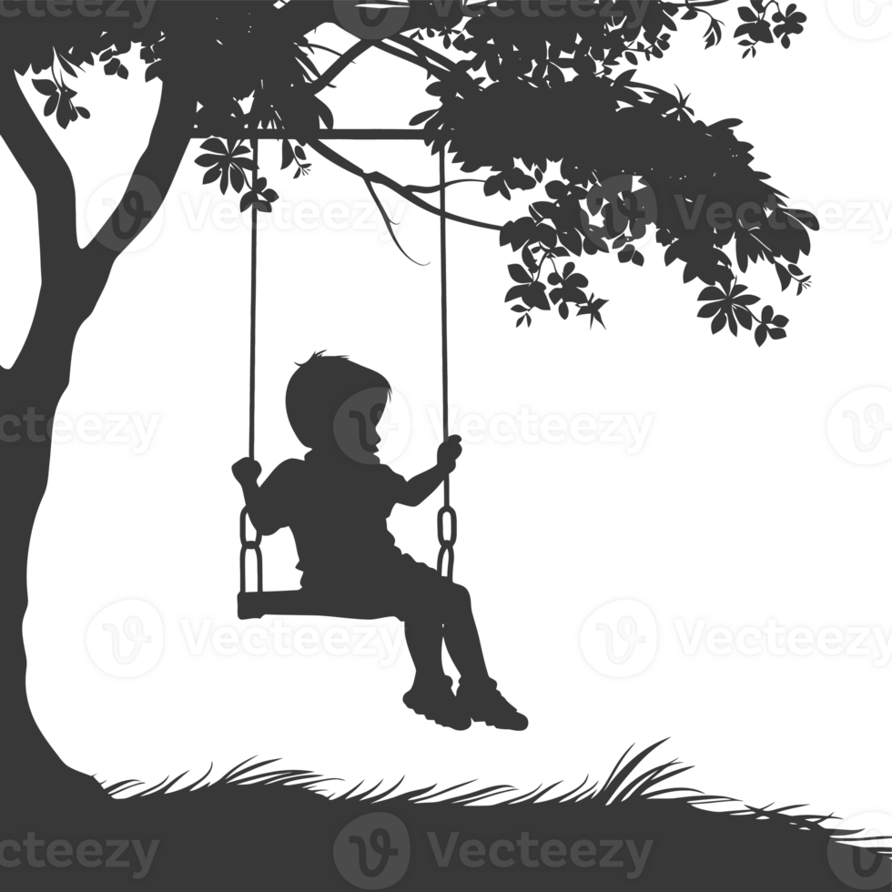 AI generated Silhouette little boy playing swing in the playground black color only png