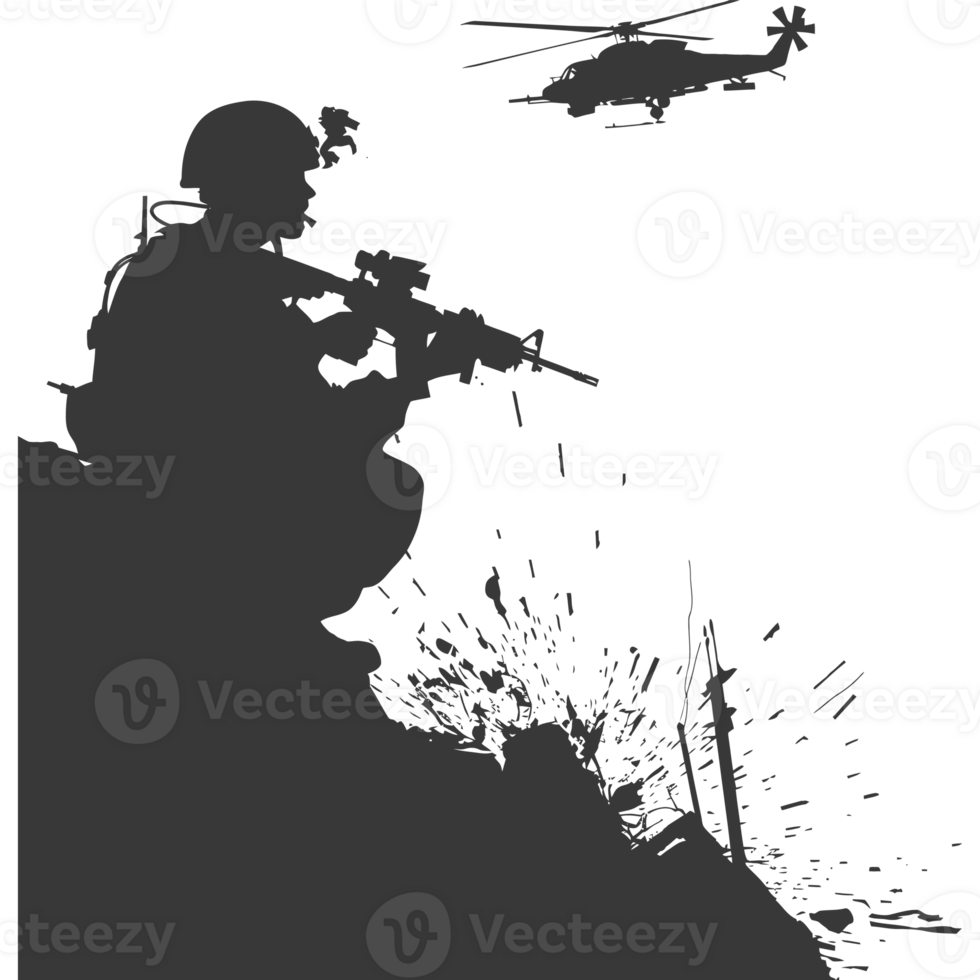 AI generated silhouette of a modern war situation black color only png
