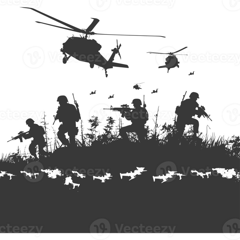 AI generated silhouette of a modern war situation black color only png
