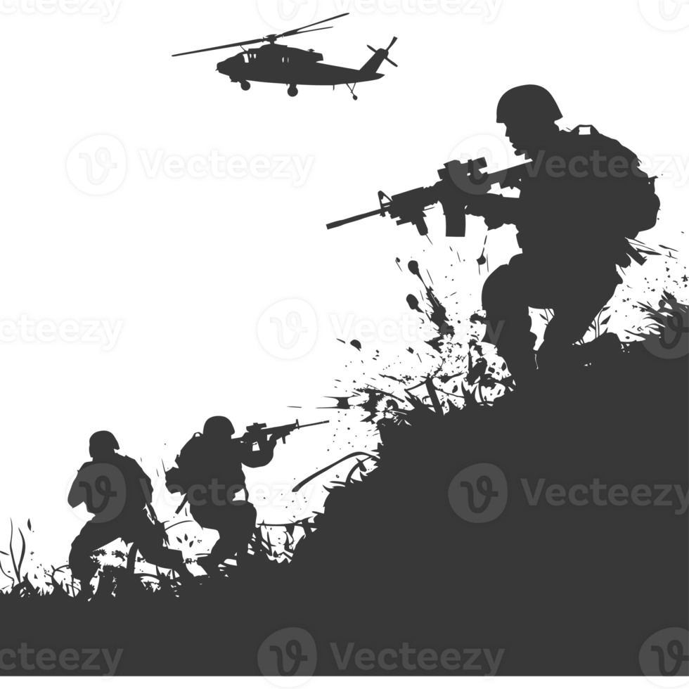 AI generated silhouette of a modern war situation black color only png