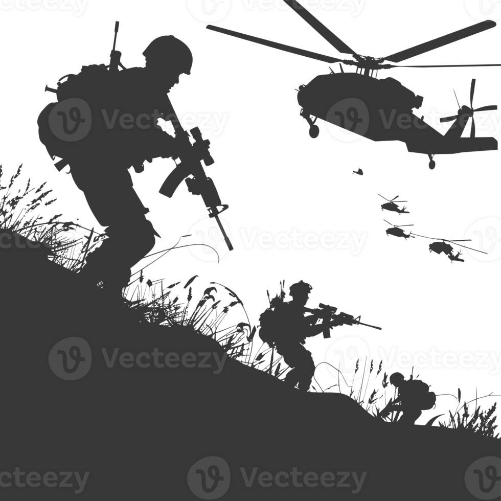 AI generated silhouette of a modern war situation black color only png