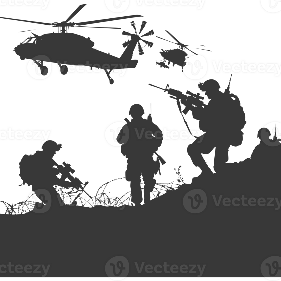 AI generated silhouette of a modern war situation black color only png