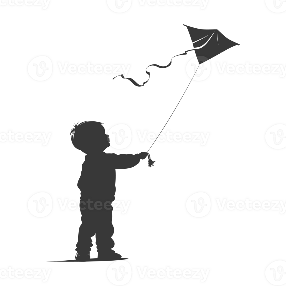 AI generated Silhouette little boy playing kite black color only png