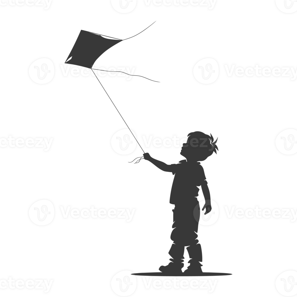 AI generated Silhouette little boy playing kite black color only png